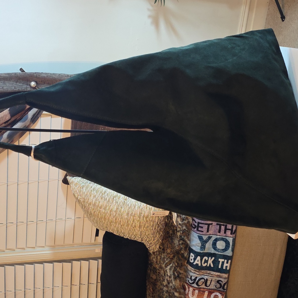 CHEVEL FIRENZA GENUINE ITALIAN LEATHER  DARK GREEN SUEDE TOTE BAG - Picture 4 of 7